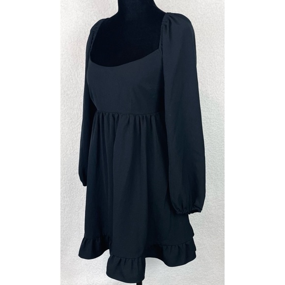 ABERCROMBIE & FITCH • Black Ruffle-Trim Long Sleeve Babydoll Mini Dress - Picture 6 of 16